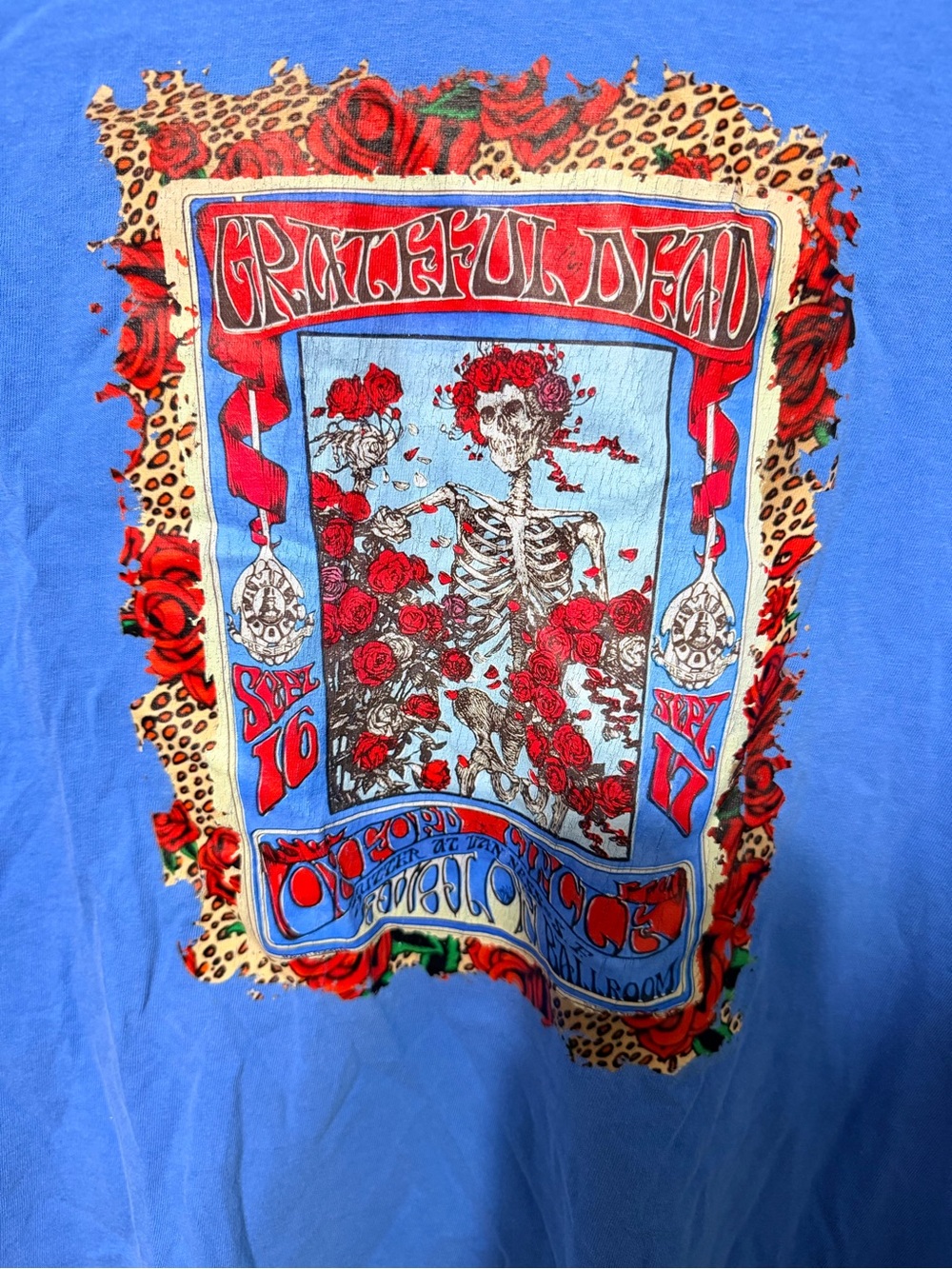 Grateful Dead Blue Tee with Red Rose Skeleton Graphic